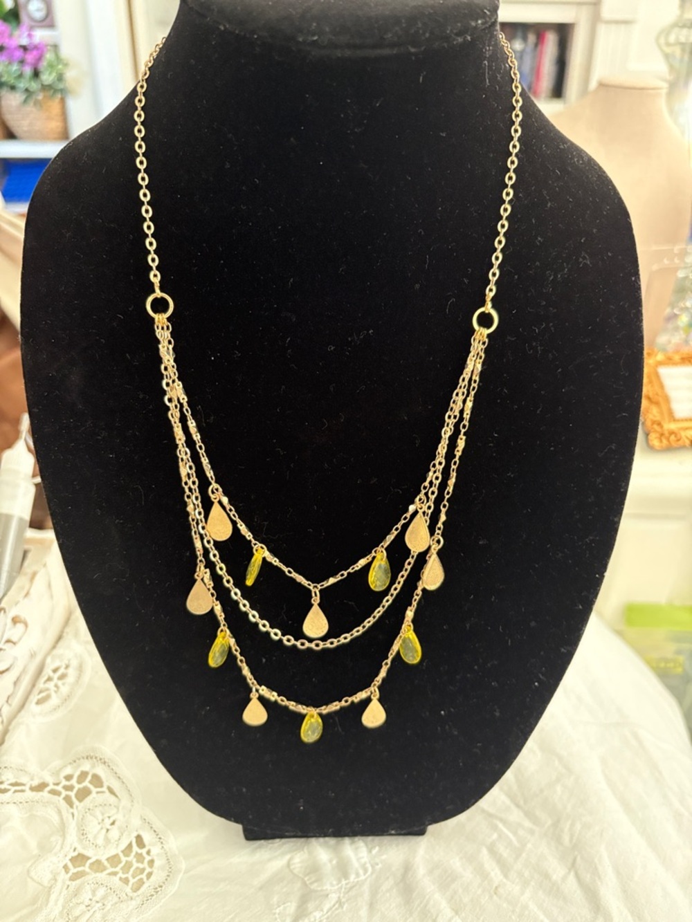 Gold-Tone Multi Strand Teardrop Necklace with Yellow Accents
